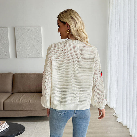 Damen Strickjacke mit Erdbeerintarsien, V-Ausschnitt und kurzem kastigen Schnitt Shop Nory