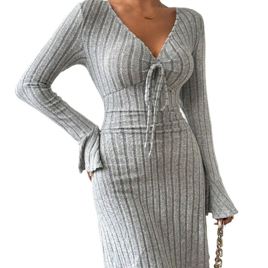 Damen geripptes Strick-Midikleid mit tiefem V-Ausschnitt Bindeband und taillierter Silhouette Shop Nory