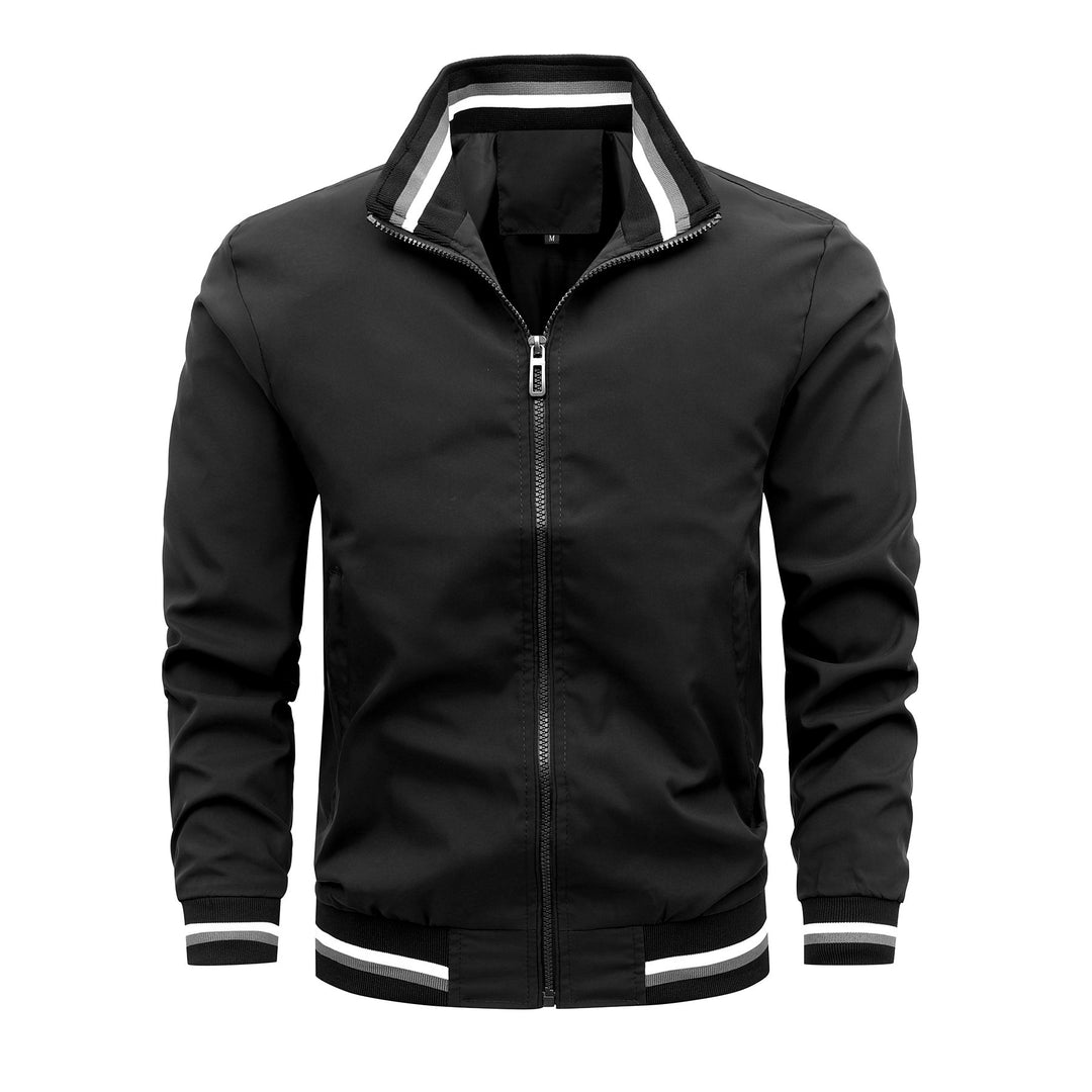 Herren Lässige Bomberjacke aus windabweisendem Nylon mit gestreiften Rippbündchen und Stehkragen Shop Nory