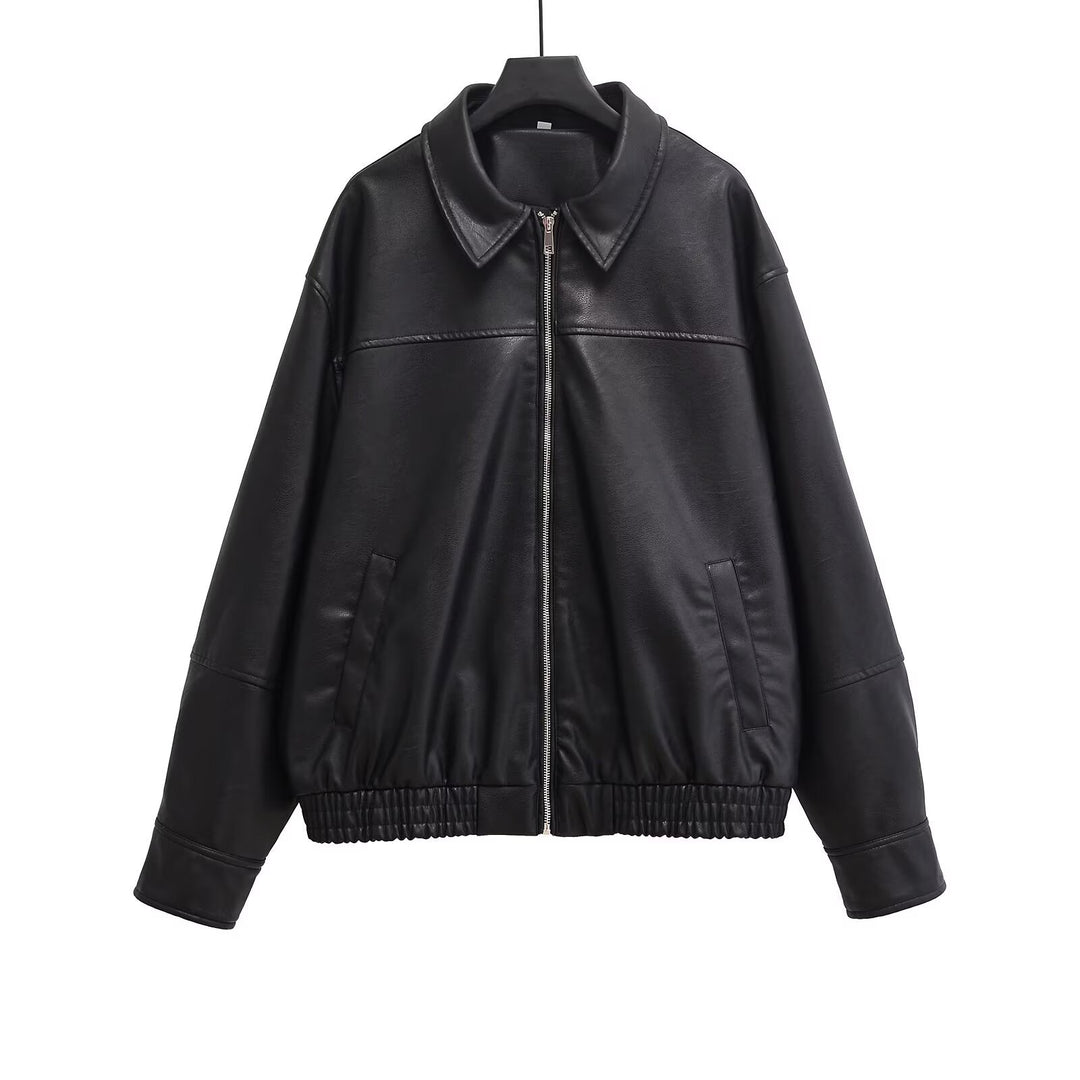 Damen Oversized Kunstlederjacke mit Hemdkragen, durchgehendem Reißverschluss und elastischem Saum Shop Nory