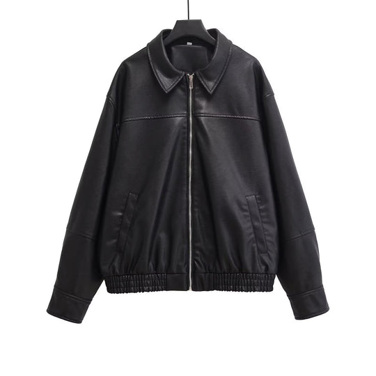 Damen Oversized Kunstlederjacke mit Hemdkragen, durchgehendem Reißverschluss und elastischem Saum Shop Nory