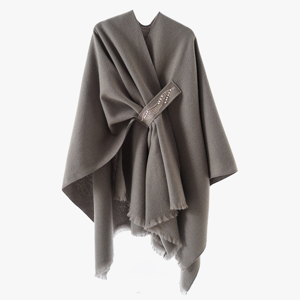 Damen Eleganter Wickel-Umhang aus Wollmischung mit Taillenschärpe und Fransensaum Shop Nory