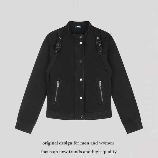 Damen Kurze Utility-Jacke mit Stehkragen, verstellbaren Schulterriemen und Druckknopfverschluss Shop Nory
