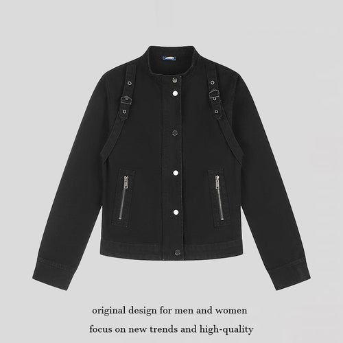 Damen Kurze Utility-Jacke mit Stehkragen, verstellbaren Schulterriemen und Druckknopfverschluss Shop Nory