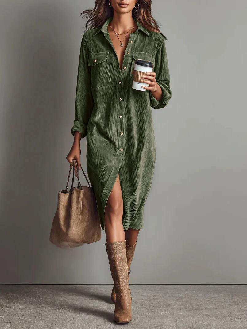 Damen Hemdblusenkleid aus Cord mit Brusttaschen, Knopfleiste und Schlitze Shop Nory