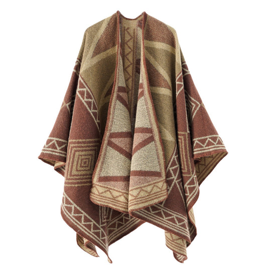 Damen Geometrischer Wollmix-Überwurfponcho mit Kettelkante Shop Nory