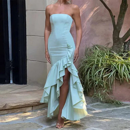 Damen Dramatisches Hochzeitskleid mit Rüschen und Hohem Schlitz Shopnory