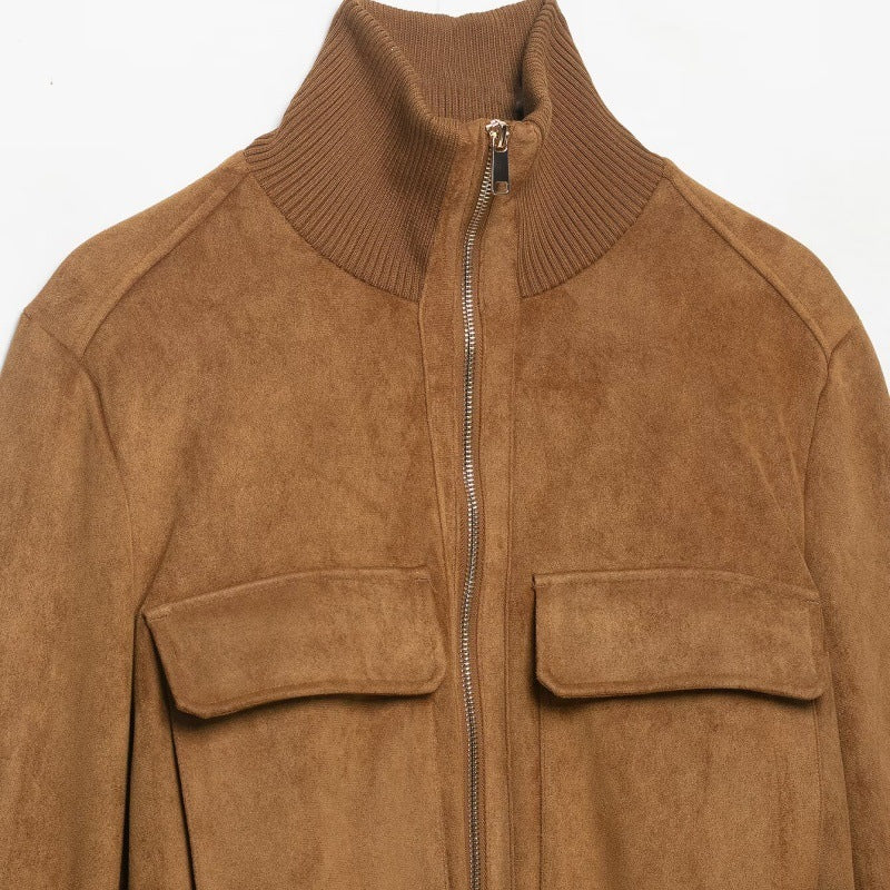 Damen Kurze Wildlederoptik-Bomberjacke mit Stehkragen, Klappentaschen und Rippbündchen Shop Nory