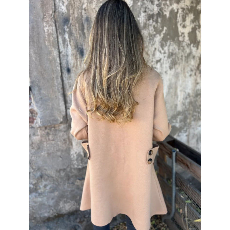 Damen leichter ausgestellter Strickmantel mit Knopfleiste und Stehkragen Shop Nory