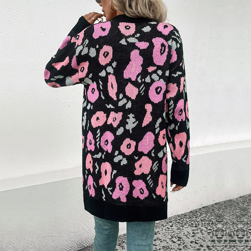 Damen Langer offener Strickcardigan mit Leo-Jacquardmuster und gerippten Säumen Shop Nory