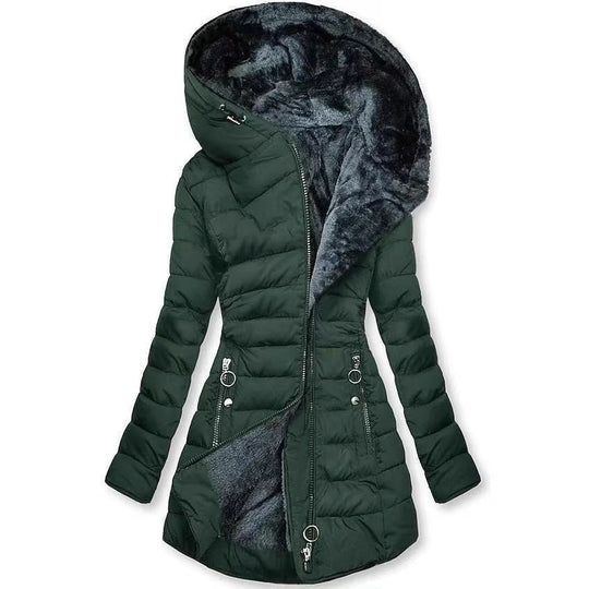Damen Taillierter Steppmantel mit Oversize-Kapuze, kuscheligem Teddyfutter und Zierringen am Reißverschluss Shop Nory