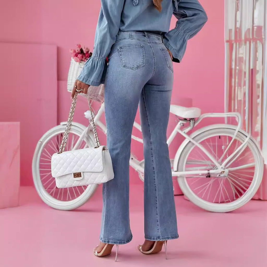 Damen Denim Hemd mit Rüschen und Schleifen-Details