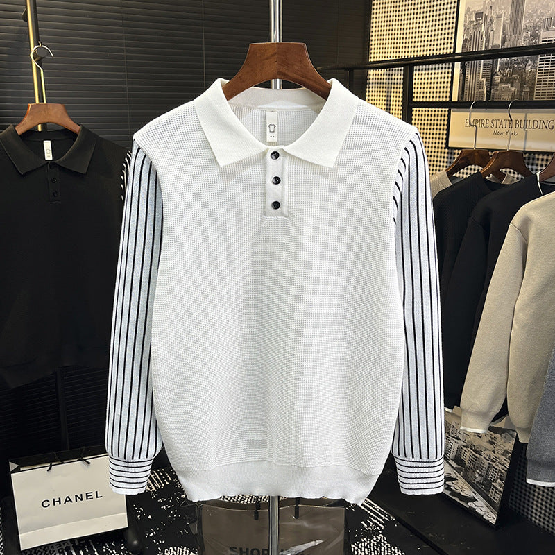 Herren Strick-Poloshirt mit kontrastgestreiften Ärmeln und feiner Struktur Shop Nory