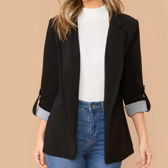 Damen schmal geschnittener Blazer mit Dreiviertelärmeln und umgeschlagenen Manschetten Shop Nory
