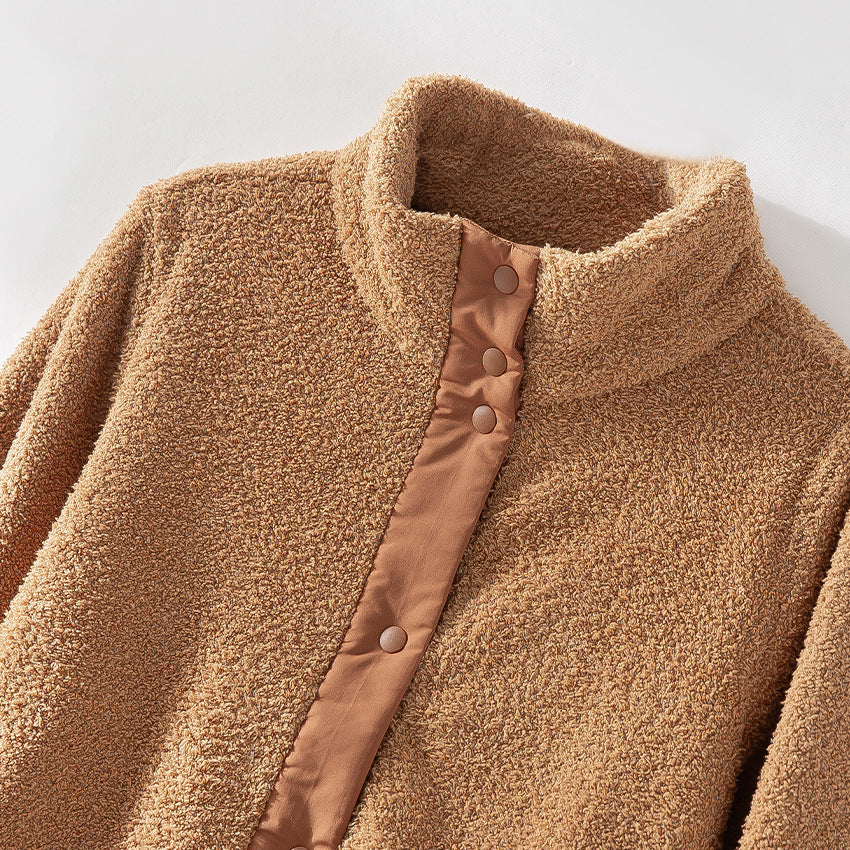 Damen kuschelige Teddy-Fleecejacke mit Stehkragen, Druckknopf-Leiste und kontrastierten Tascheneinfassungen Shop Nory