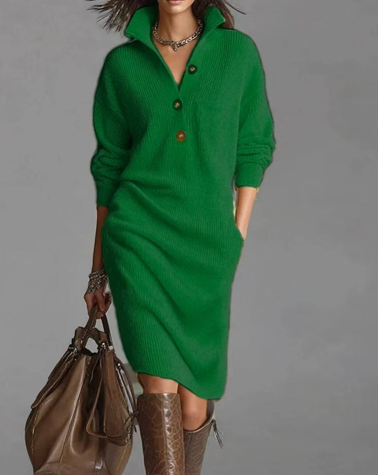 Damen nan gestricktes Pulloverkleid mit Polokragen, Eingrifftaschen und lässiger Passform Shop Nory