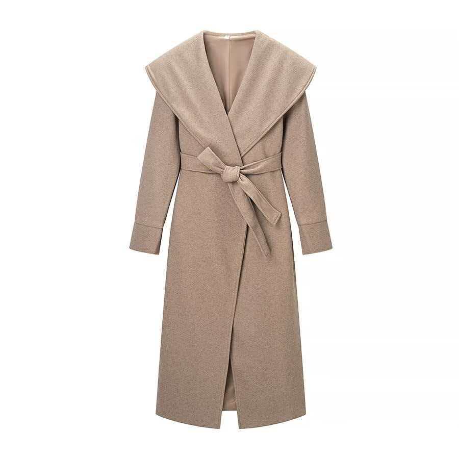 Damen Maxi-Mantel im Wickelstil mit breitem Schalkragen und Krempelärmeln Shop Nory