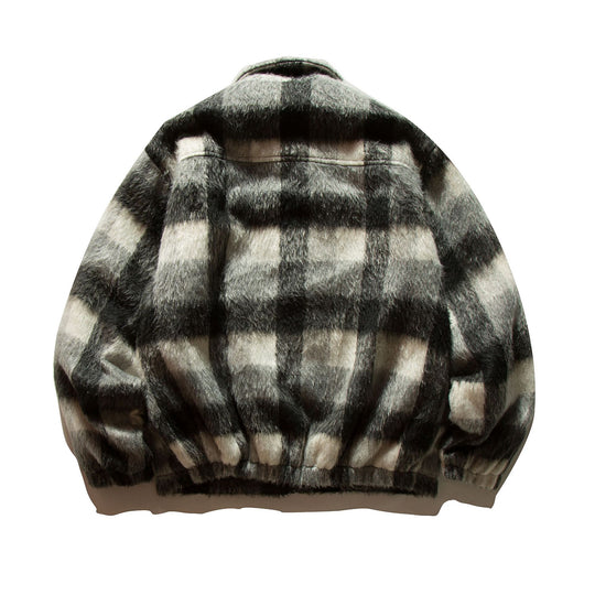 Unisex Kurz geschnittene karierte Fellimitat-Blousonjacke mit Stehkragen und verdecktem Reißverschluss Shop Nory
