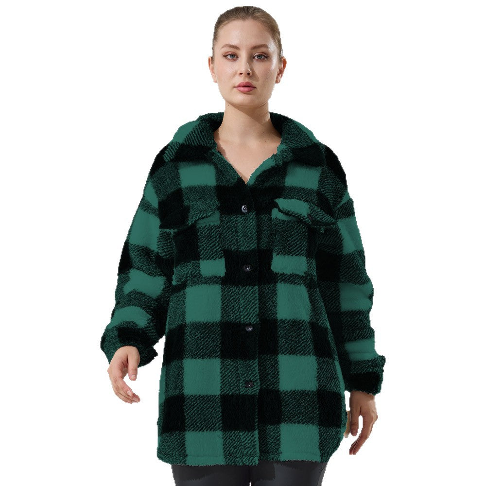 Damen Oversized Teddy-Hemdjacke mit Karomuster Shopy Nory