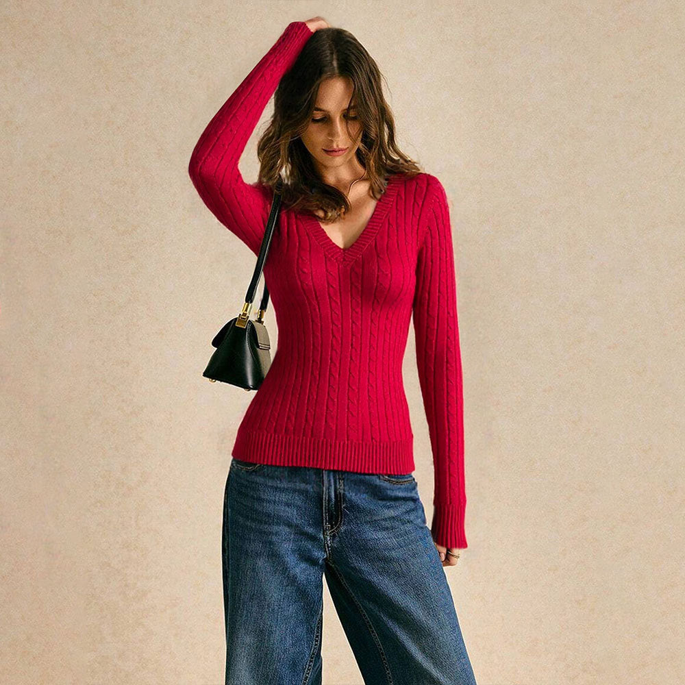 Damen figurbetonter Zopfmuster‑Pullover mit V‑Ausschnitt und taillierender Rippstruktur Shop Nory