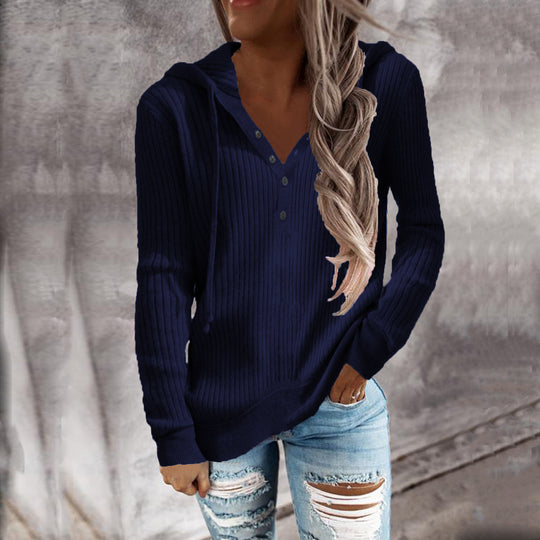 Damen Lässiger gerippter Hoodie-Pullover mit Henley-Knopfleiste und Tunnelzug Shop Nory