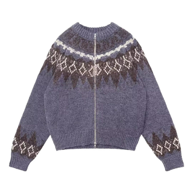 Damen Kurz geschnittene Norweger-Strickjacke mit durchgehendem Reißverschluss und Rundkragen Shop Nory
