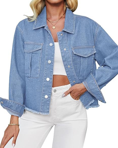 Damen Kurz geschnittene Oversize-Jeansjacke mit rohem Saum und aufgesetzten Brusttaschen Shop Nory