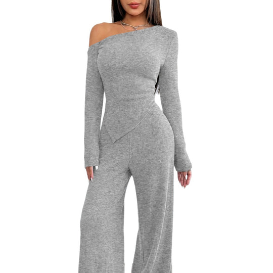 Damen Asymmetrisches Strick-Lounge-Set mit One-Shoulder-Oberteil und weitem Bein Shop Nory