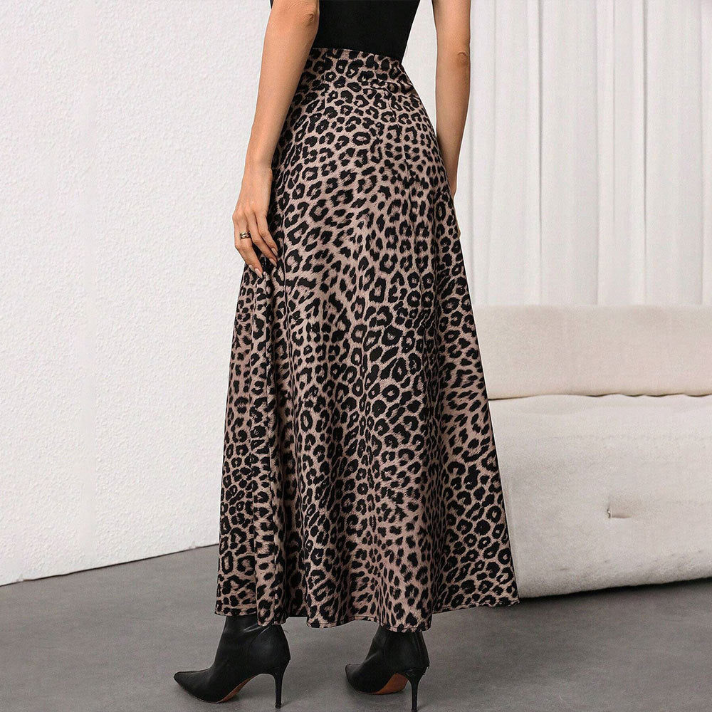 Damen Maxirock mit hohem Bund, ausgestellter A-Linie und markantem Leopardenprint Shop Nory