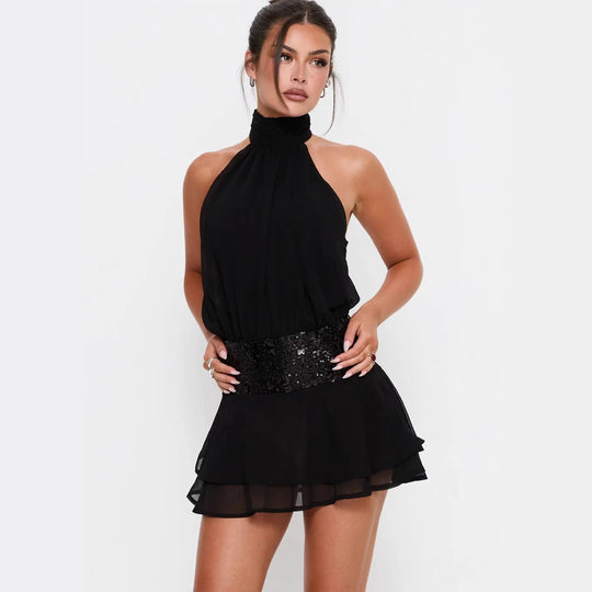 Damen Neckholder Minikleid mit glitzerndem Taillenband und voluminösen Rüschendetails Shopnory