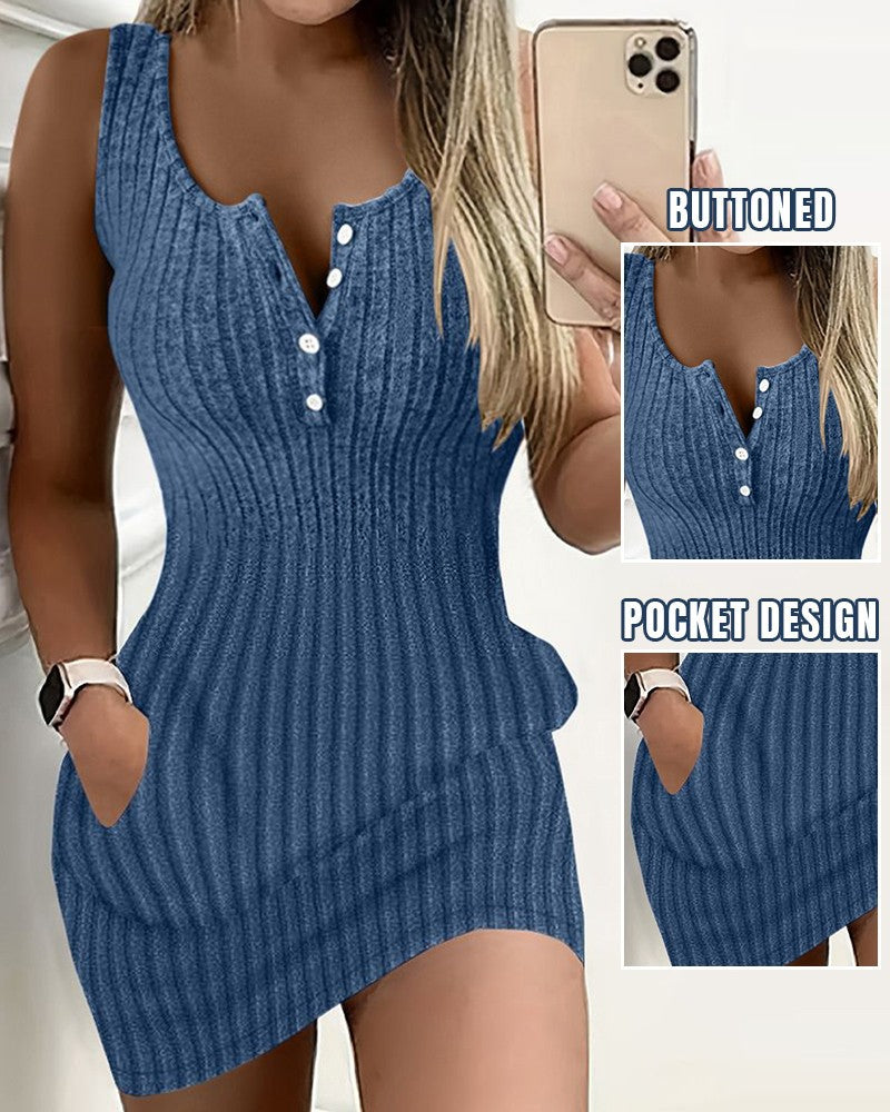 Damen Rippstrick Knopfverschluss Taschenkleid