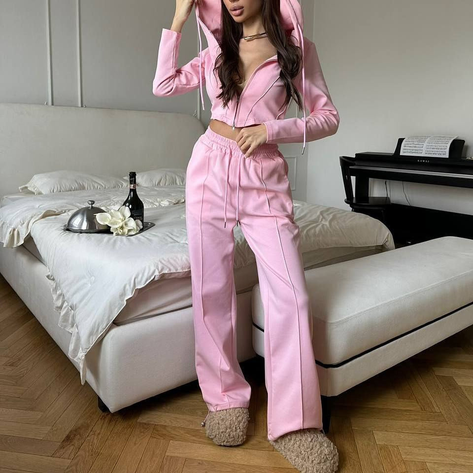 Damen tailliertes Cropped-Kapuzensweatshirt mit verdecktem Reißverschluss und High-Waist Wide-Leg Jogginghose Set Shop Nory