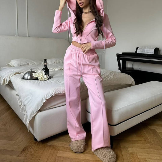 Damen tailliertes Cropped-Kapuzensweatshirt mit verdecktem Reißverschluss und High-Waist Wide-Leg Jogginghose Set Shop Nory