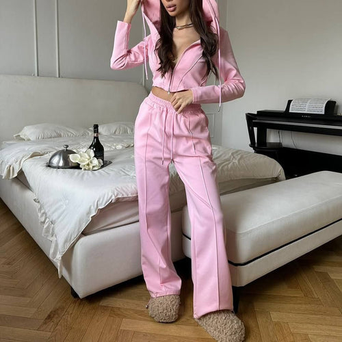 Damen tailliertes Cropped-Kapuzensweatshirt mit verdecktem Reißverschluss und High-Waist Wide-Leg Jogginghose Set Shop Nory