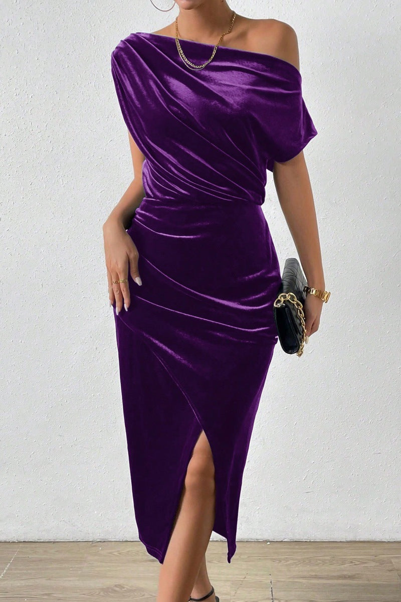 Damen Elegantes Schulterfreies Midikleid im Fließenden Design