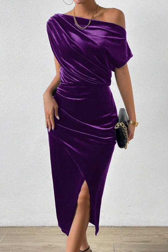 Damen Elegantes Schulterfreies Midikleid im Fließenden Design