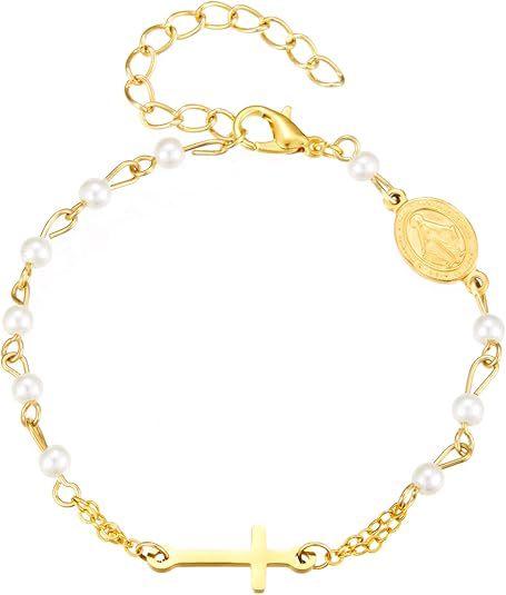 Damen Armband mit glänzenden Perlen und charmantem Kreuzanhänger Shop Nory