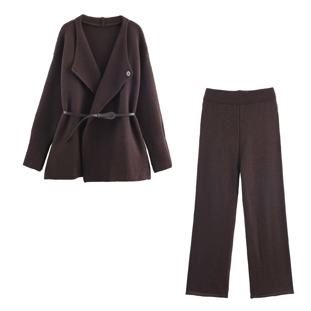 Damen Zweiteiliges Feinstrick-Set mit Schalkragen-Cardigan und High‑Waist Weitbein‑Hose Shop Nory
