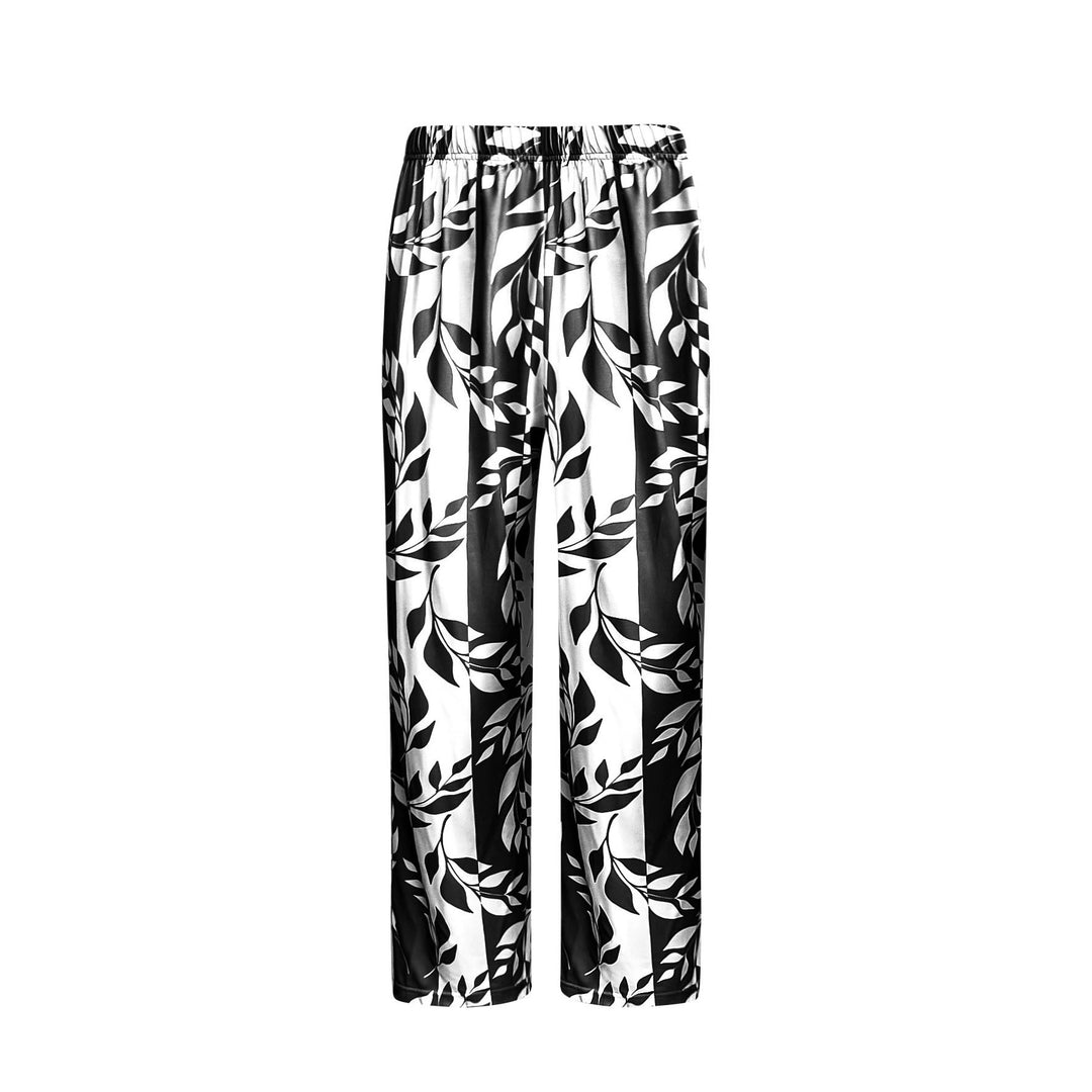 Damen Lang geschnittener offener Feinstrick-Cardigan mit geradem Saum und Palazzo-Hose im Blattprint Set Shop Nory