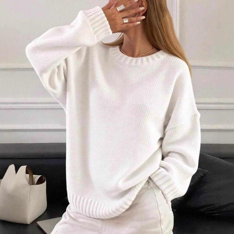 Damen Weit geschnittener Feinstrickpullover mit Rundhalsausschnitt und gerippten Bündchen Shop Nory