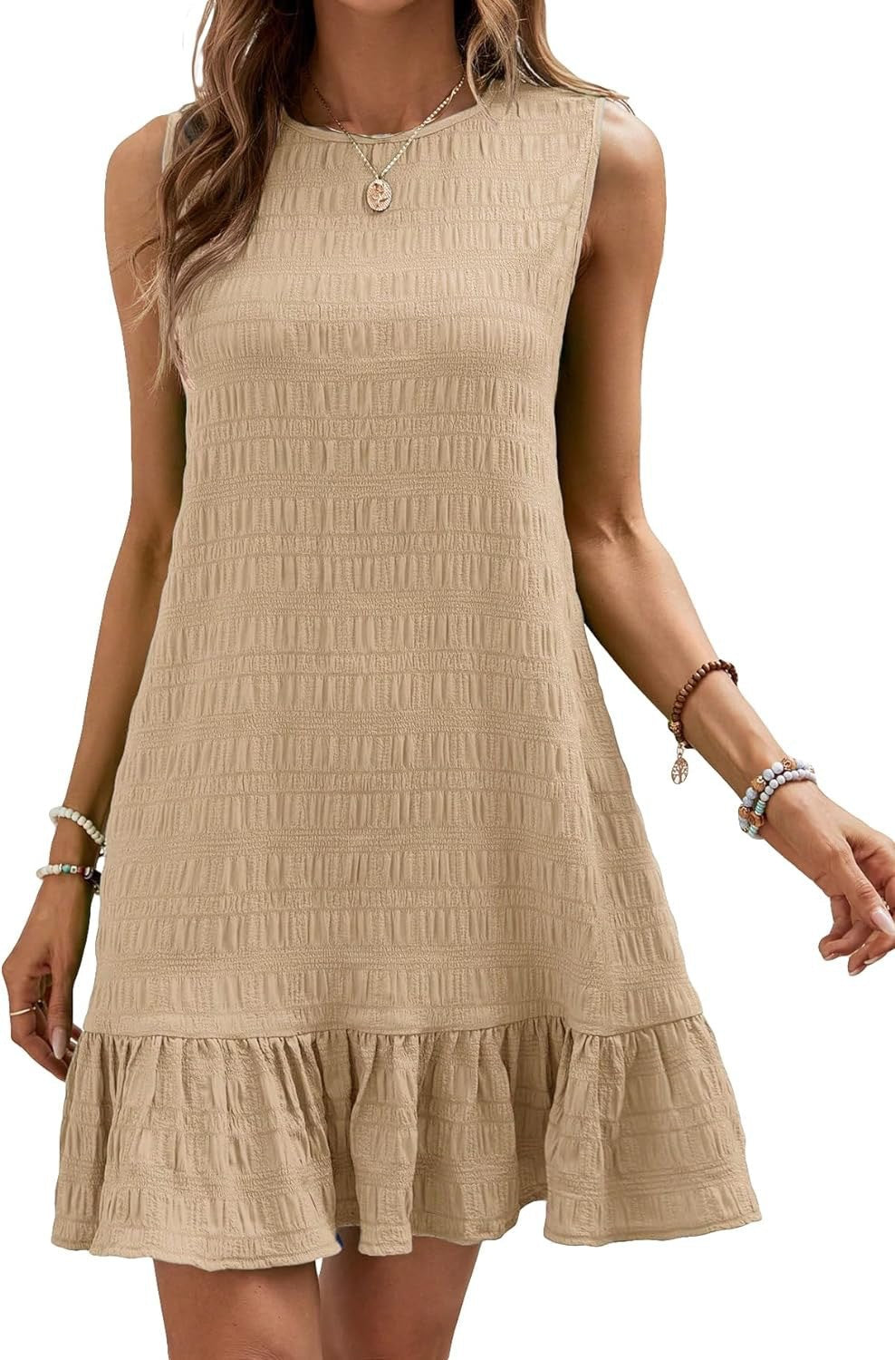 Damen ärmelloses Sommerkleid mit Rüschensaum und strukturierter Oberfläche