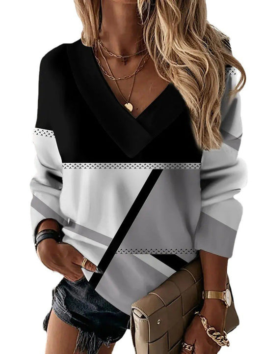 Damen Colorblock V-Ausschnitt Sweatshirt mit grafischem Print Shop Nory