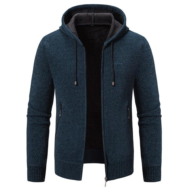 Herren warme Strickoptik-Zipjacke mit Teddyfutter, Kapuze und verdeckten Reißverschlusstaschen Shop Nory