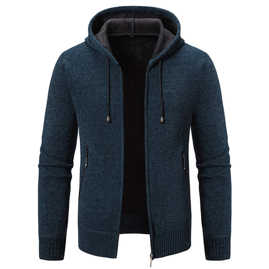 Herren warme Strickoptik-Zipjacke mit Teddyfutter, Kapuze und verdeckten Reißverschlusstaschen Shop Nory