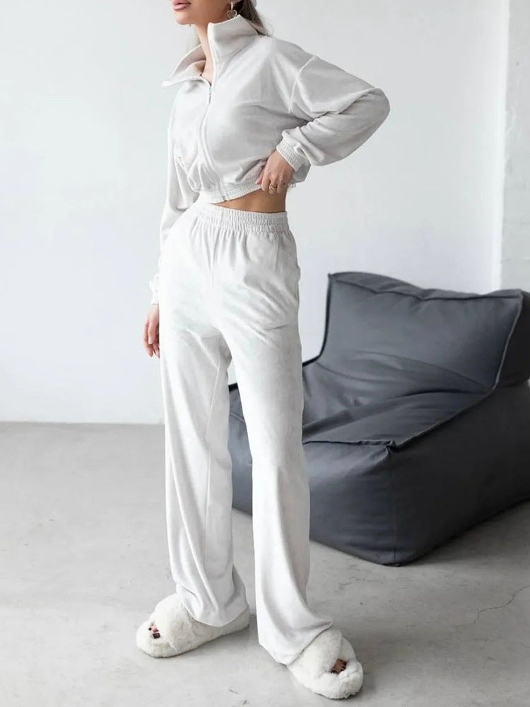 Damen luxuriöses Velours Lounge-Set mit kurzem Reißverschlussjacke und hochtaillierter Gummibund-Jogger Shop Nory