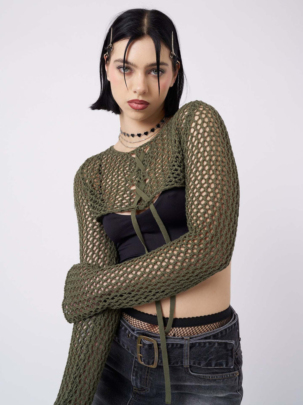 Damen luftiger Netzpullover mit BindR&Bändern