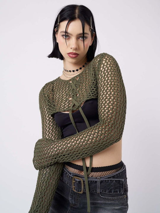 Damen luftiger Netzpullover mit BindR&Bändern