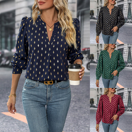 Damen Bedruckte Viskose-Bluse mit Rautendruck, Stehkragen und Ballonärmeln Shop Nory