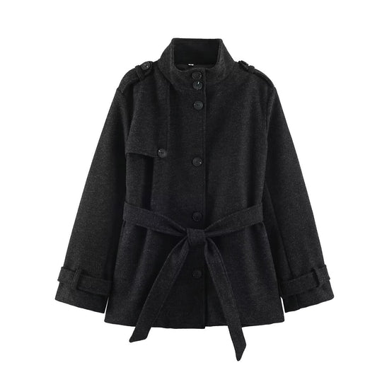 Damen Kurzmantel aus Wollmix mit Stehkragen, Schulterpatten und Bindegürtel Shop Nory