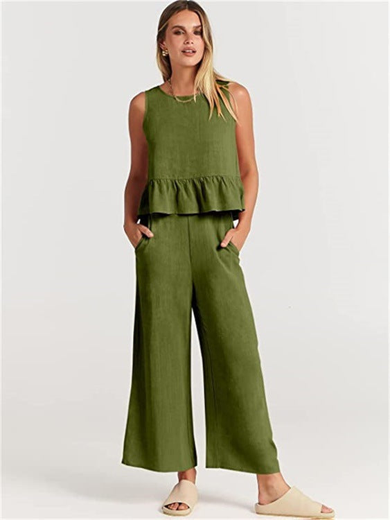 Damen Zweiteiler-Set mit schickem Peplum-Oberteil und weit geschnittenen Hosen